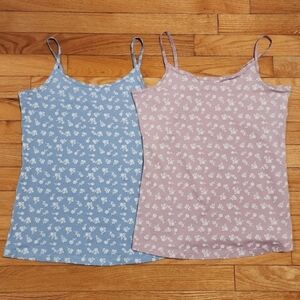 2 Floral Cami Tank Tops Baby Blue and Baby Pink with White Flowers